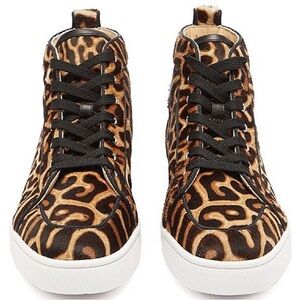 Louboutin men’s Leopard Print High-Top mohair Sneakers - Brown